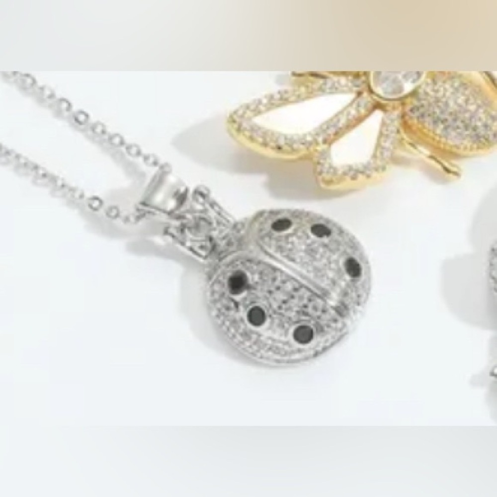 18K White Gold Ladybug Bug Bohemian Pave Diamond Minimalist Necklace No Fade - Picture 3 of 6